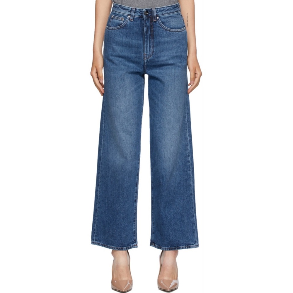 Toteme Flair Jeans High Rise Wide Leg Crop Cotton Italy Medium Blue Wash Size 26